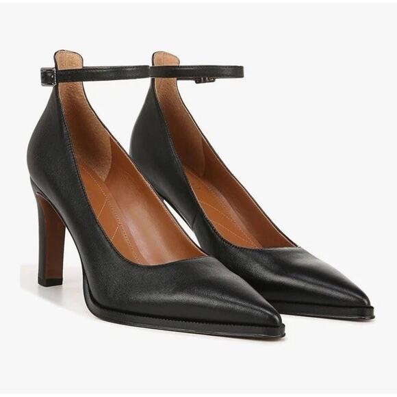 Franco Sarto Adeja Black Leather Ankle Strap Pointed Toe Heels Size 8.5M - Picture 1 of 11